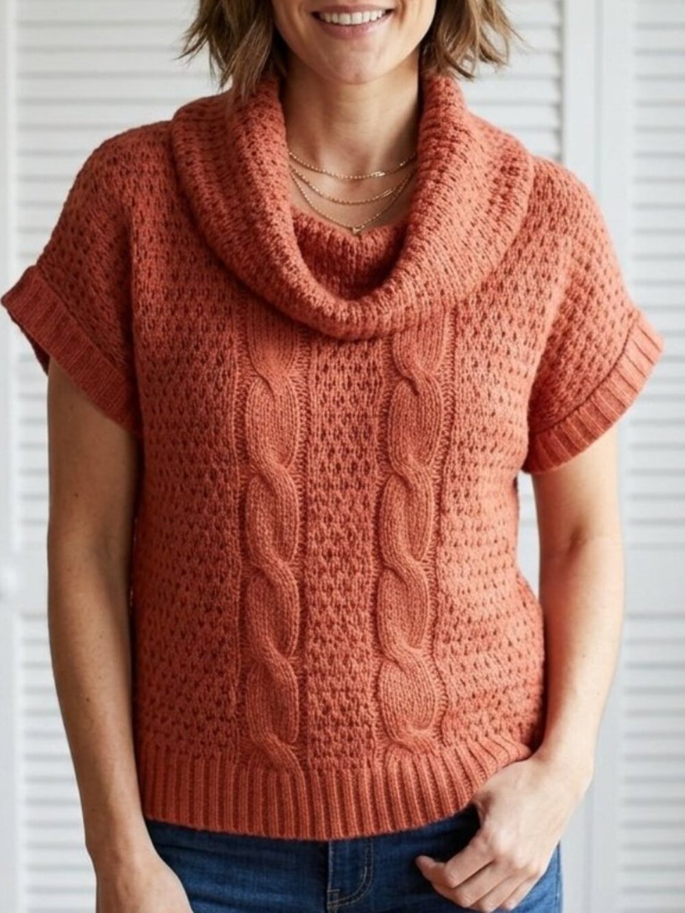 Cleo Petites Women's Cable Knit Short Sleeve Cowl Neck Chunky Sweater Size LP